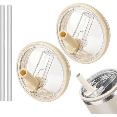 Set di 2 coperchi di ricambio con 2 cannucce per bicchieri termici da 40 oz, compatibili con coperchi a prova di perdite e antipolvere, colore crema, accessorio riutilizzabile per bicchieri termici. (1/5)