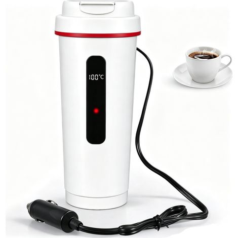 Bouilloire de voiture 500 ml 12V/24V, tasse chauffante portable en acier inoxydable 316, affichage LCD de la température, bouilloire de voyage pour voiture et camion (Blanc) (1/5)