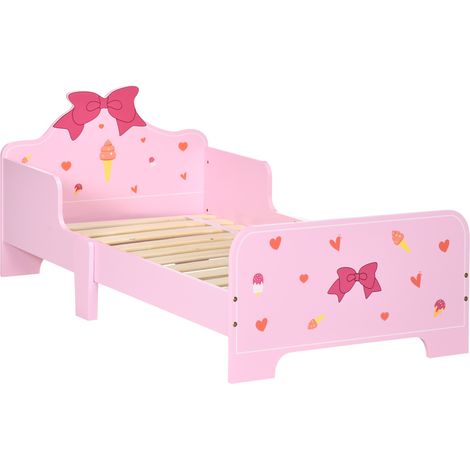 Letto per Bambini con Sponde e Fantasia a Fiocchi e Cuori, Età 3-6 Anni, 143x74x59cm, Rosa
