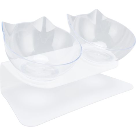 Gamelle double inclinée à 15° pour chat avec protection du cou, idéale pour la maison, les animaleries et le salon (bol transparent à base blanche). (1/5)