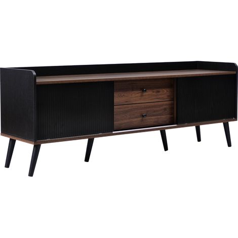 TV-Lowboard mit 2 Gestreiften Schiebetüren und 2 Schubladen, Wohnzimmer, aus Spanplatte, 160×40×58 cm, Schwarz (1/5)