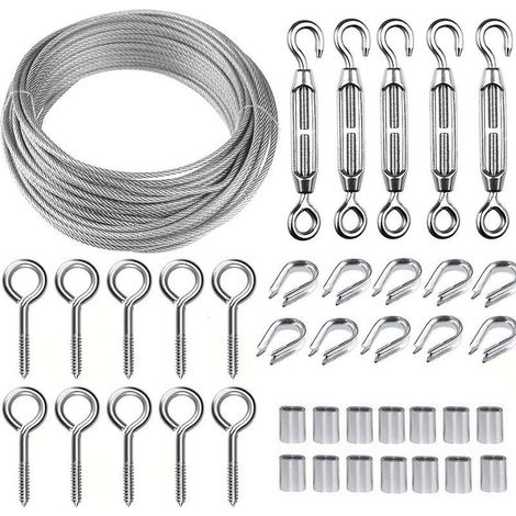 30m Stainless Steel Rope Hanging Kit, Wire Rope Kit, 2mm Coated Stainless Steel Rope, With M5 Rope Tensioner And Eye Hooks, For Climbing Plants, Raili