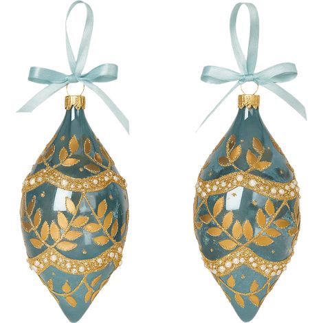 Pallina in vetro blu allungata con decorazioni oro per albero di Natale da Ø 10 cm, confezione da 2 pezzi (1/4)