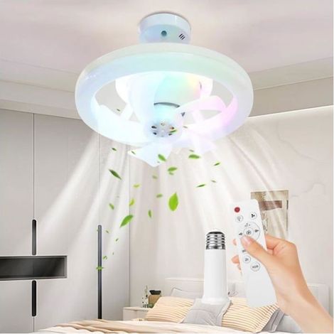 (bleu)Ventilateur de plafond avec lumière, silencieux avec télécommande, avec douille E27 (lampe à tête mobile RGB + câble de rallonge) (1/5)