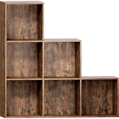 Durham 6 Cube Bookcase Staircase Shelf Wooden Display Storage Rack Free Standing Shelf Unit, Dark-Wood-3-White-Baskets
