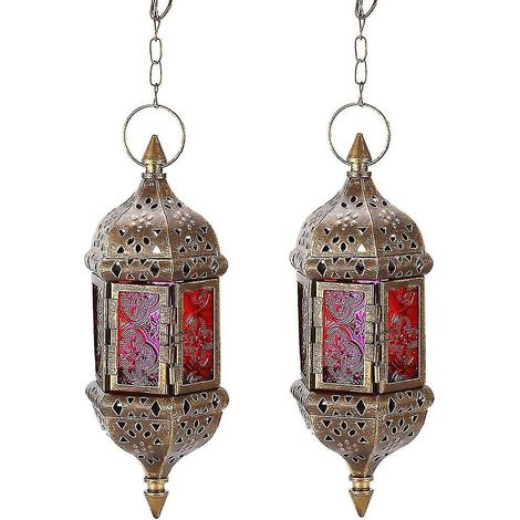 Lanterne suspendue à bougie vintage marocaine, chandelier en métal creux et verre (1/4)