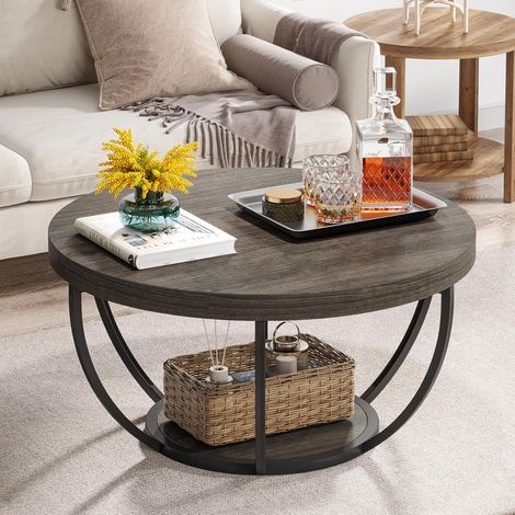Tribesigns – Table basse ronde 2 niveaux en bois et métal – Design moderne pour salon – Surface lisse pour boissons et décorations – Gris