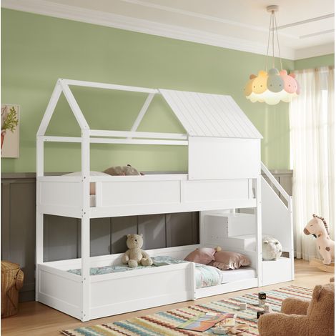 Letto a castello per bambini in legno bianco 80 x 200 cm con tetto, sponde e scala OKWISH (1/5)