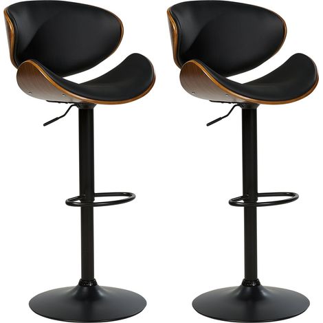 Set di 2 sgabelli girevoli moderni in ecopelle con schienale in legno scuro, regolabili in nero Rotterdam II