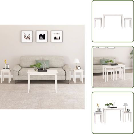 The Living Store Tavolini a Incastro 3 pz Bianco in Legno Massello di Pino - Tavoli in legno