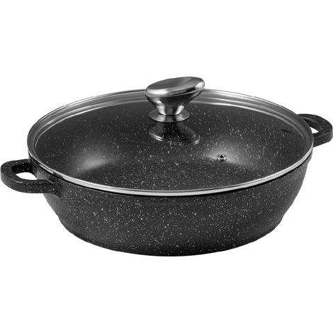 Mijoteuse Fonte d'Aluminium Ø28cm, Couvercle Verre - Revêtement Anti-Adhésif Façon Pierre - Poignée Amovible - Tout Feu, Noir (1/5)