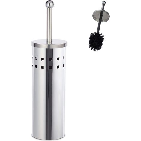 Brosse WC Ronde, Porte-Brosse, Brosse WC échangeable, Autonome, en Acier Inoxydable, argenté/Noir (1/5)