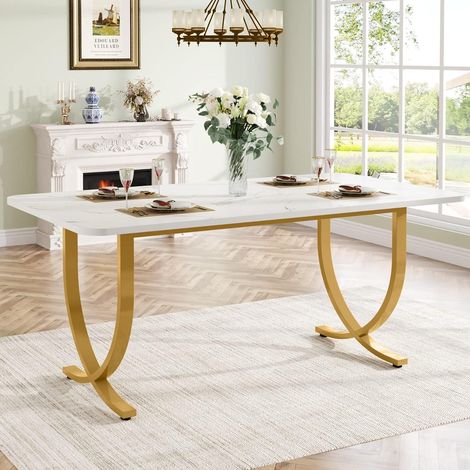 Moderner Esstisch Kunstmarmor Weiß & Gold für 4 Personen 160x80cm (1/5)