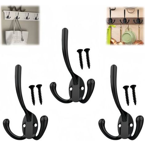 3 pezzi - Ganci - Ganci appendiabiti neri - Con viti - Neri - Robusti ganci in lega vintage - Adatti per cappotti, borse, asciugamani - 10570mm (1/5)