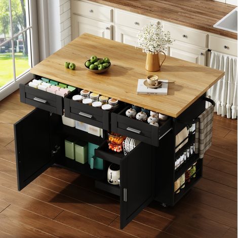 Desserte de cuisine avec plateau rabattable, rangements et roulettes, 3 tiroirs, 2 organiseurs et prises USB, MDF, naturel et noir, 120x70x84 cm (1/5)