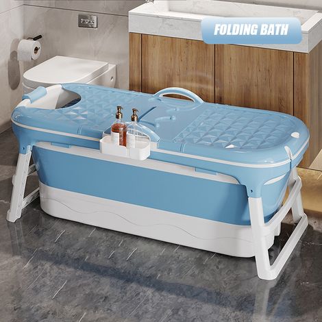 Hofuton Baignoire pour adulte - Pliable et portable - Avec couvercle amovible, panier à savon et rouleau de massage - 118 x 60 x 53 cm - Convient pour petite salle de bain - Bleu (1/5)
