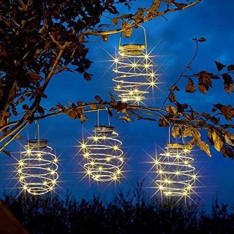 Garden Mile Lot de 4 lanternes solaires à LED blanches avec effet spirale - Lanternes solaires LED en cuivre à suspendre pour fête, mariage, décoration de jardin (lumière spirale)