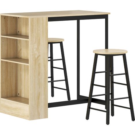 Ensemble table bar et tabourets, rangements ouverts, étagère ajustable, repose-pieds, chêne noir (1/5)