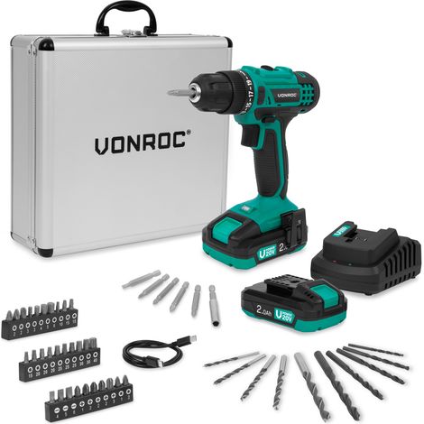 VONROC Akku-Bohrschrauber 20V – 19 Drehmomentstufen + Bohrmodus – Inkl. 2x 2,0Ah Akku, Ladegerät und 46 Zubehörteilen im Premium-Koffer