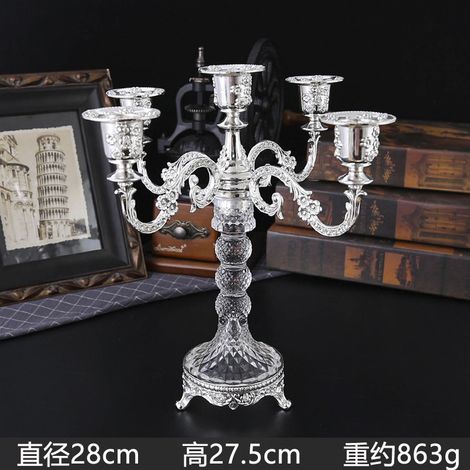 Chandelier en métal argenté à cinq têtes, de style européen, pour un dîner aux chandelles.