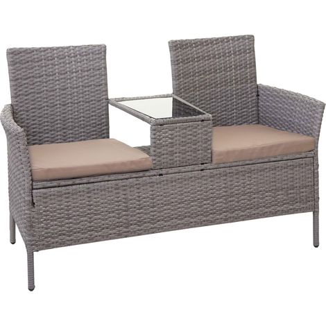 Poly-Rattan Sitzbank mit Tisch HHG-243, Gartenbank Sitzgruppe Gartensofa, 132cm grau, Kissen creme