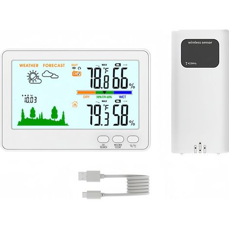 Station météo sans fil avec écran LCD 5 pouces, thermomètre hygromètre intérieur extérieur, prévisions météo, horloge, température et humidité (1/3)