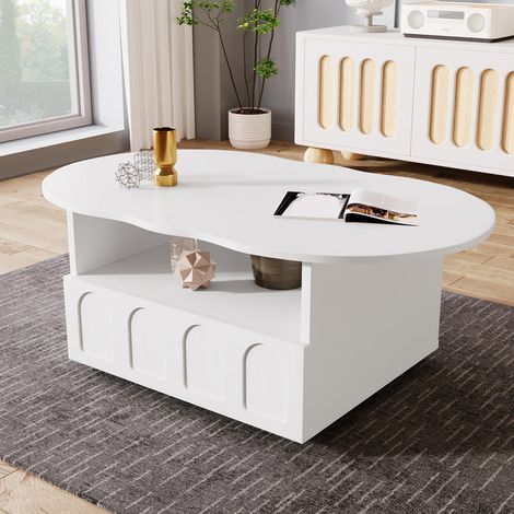 Couchtisch mit Schublade, 100 x 60 x 40,5 cm, wolkenförmig, mit praktischer Schublade, geeignet fürs Wohnzimmer, aus robuster Spanplatte, belastbar bis 30 kg, weiß (1/5)