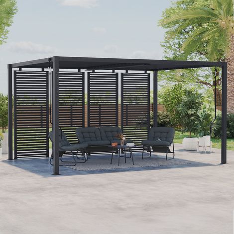 Pérgola bioclimática de lamas de acero orientables 3x4 M con persianas horizontales gris antracita