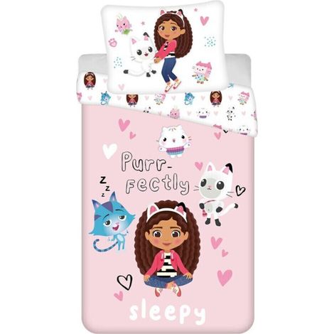 Parure de lit enfant réversible Gabby et la Maison Magique – Rose – 140x200 cm + 65x65 cm – 100% polyester – Lavable en machine – Aymax (1/2)