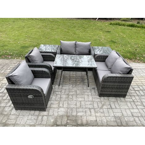 Fimous Polyrattan Garten Esstisch Set Gartenmöbel Sofa mit Rechteckiger Esstisch 2 Beistelltischen Dunkelgrau Gemischt (1/5)