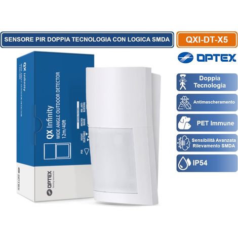 OPTEX QXI-DT-X5 SENSORE RILEVATORE CABLATO DA ESTERNO IP54 DOPPIA TECNOLOGIA 12M 120° ANTIBLOCCAGGIO (1/5)