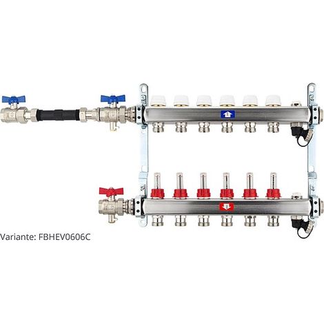 Fußbodenheizungsverteiler aus Edelstahl mit Topmeter für 6 Heizkreise - mit WMZ-Anschlussset 110 mm waagrecht (1/3)