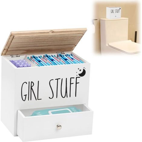 Boîte de rangement hygiénique - 1 unité - Finition bois et blanc - Couvercle et compartiments - Salle de bain et vous (1/5)