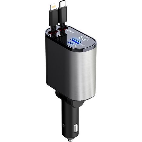 Chargeur de Voiture rétractable 60 W,Chargeur téléphone 4 en 1,câbles Charge Rapide et Adaptateur de Chargeur de Voiture 2 Ports USB,pour iPhone 15/iPad,Galaxy/Google/Huawei (1/4)