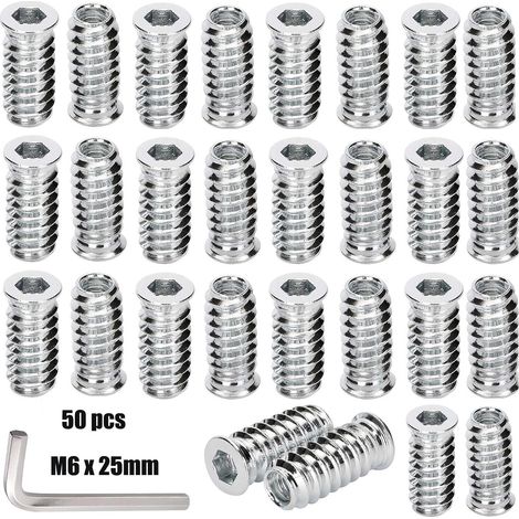 Paquete de 50 tuercas de tornillo M6 x 25 mm - Inserto roscado para madera - Casquillos de tornillo de cabeza hexagonal para muebles de madera - Inserto roscado - Tuercas hexagonales de acero galvaniz (1/5)