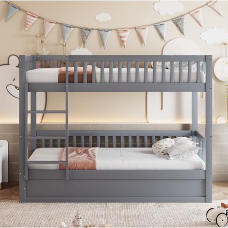 Lit superposé enfant 90x200cm en bois avec rangement hydraulique, gain de place sécurisé, gris (1/5)