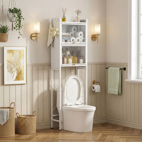 FIANAO – Meuble-dessus WC 3 portes, sans perçage – étagère PVC étanche, cadre acier, antidérapant – 50 × 25 × 165 cm, blanc (1/5)