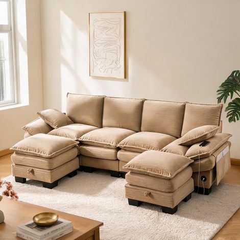 Ensemble canapé et poufs en velours côtelé teinte beige khaki (1/5)