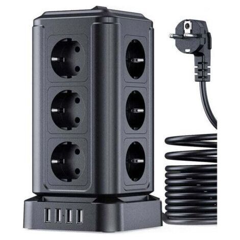 Power Strip Extension with Surge (4000W/16A), Electric Power Strip Tower with 4 USB Ports and 12 Sockets, Power Strip with Individual Switch, 5M Cord (1/4)