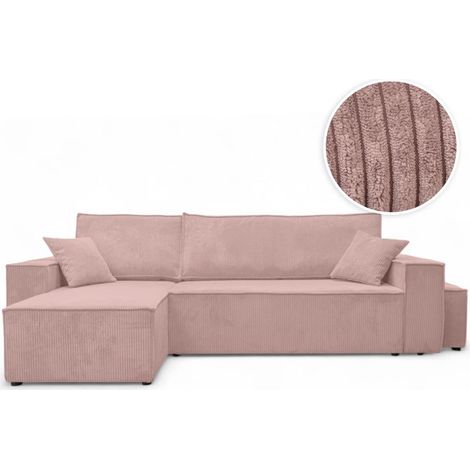 Canapé FARAH d'angle réversible et convertible 4 places avec un pouf en velours côtelé - Rose (1/5)