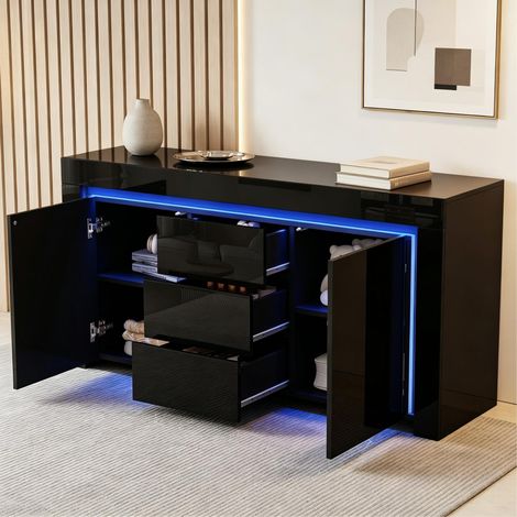 Sideboard 140 x 40 x 65 cm mit LED-Lichtleiste, 2 Türen, 3 Schubladen, Schwarz HAVRYA