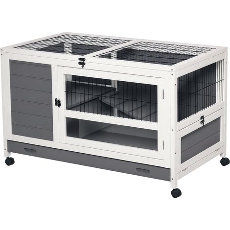 Clapier en bois cage à lapin villa pour lapin avec plateau coulissant, porte verrouillable, dessus ouvrable gris