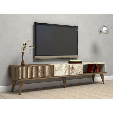 Dmora - Mobile porta TV Aquila, Credenza da soggiorno, Armadio basso per TV, Base parete attrezzata, 180x35h40 cm, Noce e Bianco, con imballo rinforzato, con imballo rinforzato (1/5)