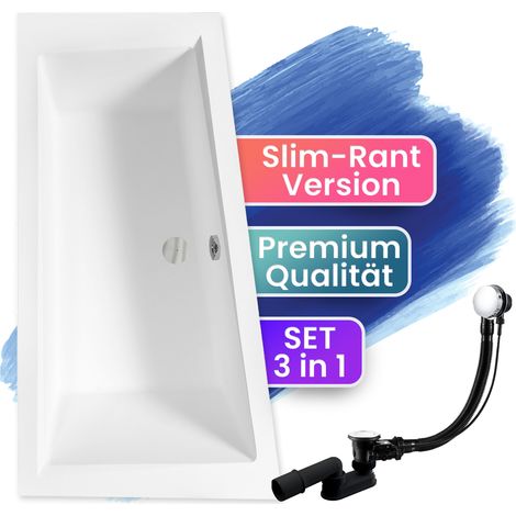 Badewanne Eckbadewanne 160x90 Links, Ablaufgarnitur & Füßen GRATIS - Komplettset 3in1 Original Acryl Wanne Premium Siphon - BADLAND INTIMA SLIM (1/5)