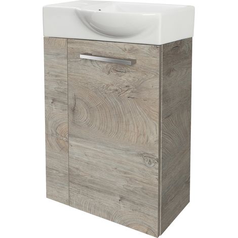 Fackelmann STANFORD SBC Gäste-WC Set 2 Teile – Waschtischunterschrank in Holz Braun mit Waschbecken aus Keramik – Waschbeckenunterschrank schmal – Türanschlag rechts – Hahnloch links – 45 cm breit"-"9 (1/4)