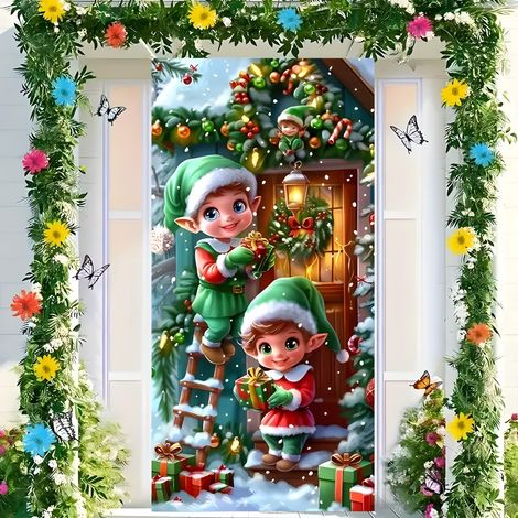 Nouveaux rideaux de porte de Noël, décorations festives, rideaux de porte, drapeaux, drapeaux d'extérieur - 90 x 180 cm (perforés + ruban) - 21