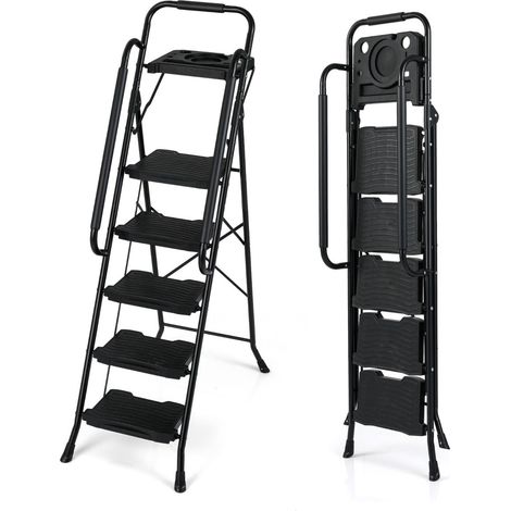 Práctica escalera de 5 peldaños con robusta bandeja plegable para herramientas 95 x 54 x 159 cm mayor seguridad diseño moderno en metal negro 200018955