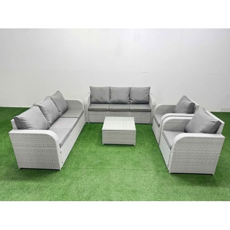 Fimous PE Rattan High Back Lounge Sofa Set Patio Square Coffee Table & Chairs Set with 3 Seater Sofa Reclining Chair Light Grey (1/4)