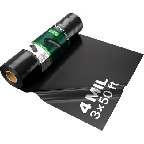 VEVOR Bache en plastique tres resistante, 0,1 mm epaisseur, rouleau de bache en polyethylene epais, 0,91 x 15,24 m, bache protection peinture, pour pare-vapeur de vide sanitaire, multi-usages, noir