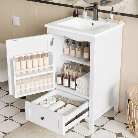 51x46x85cm Bodenstehender Badezimmerschrank mit Waschbe, Waschtisch,Volllackierung, Türablage, geräuschlose Schublade mit großem Fassungsvermögen, verstellbares Regal, Keramikwaschbecken, weiß (1/5)